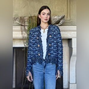 Khloe Open Front Fringe Jacket - Blue